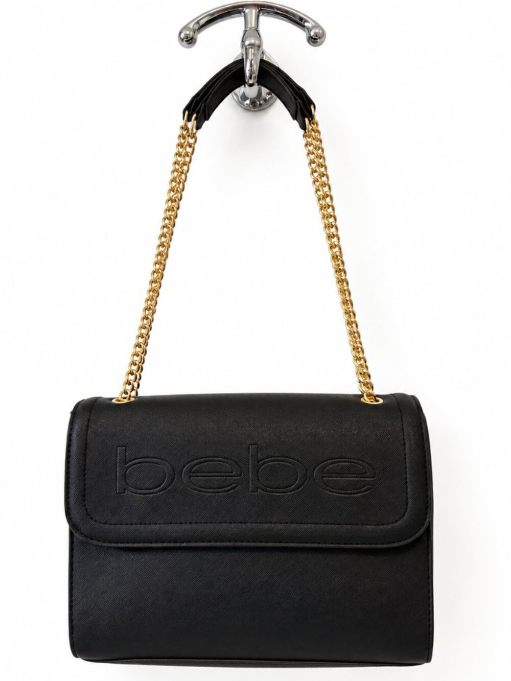 Bebe Black Faux Leather Shoulder Bag with Gold Chain Strap